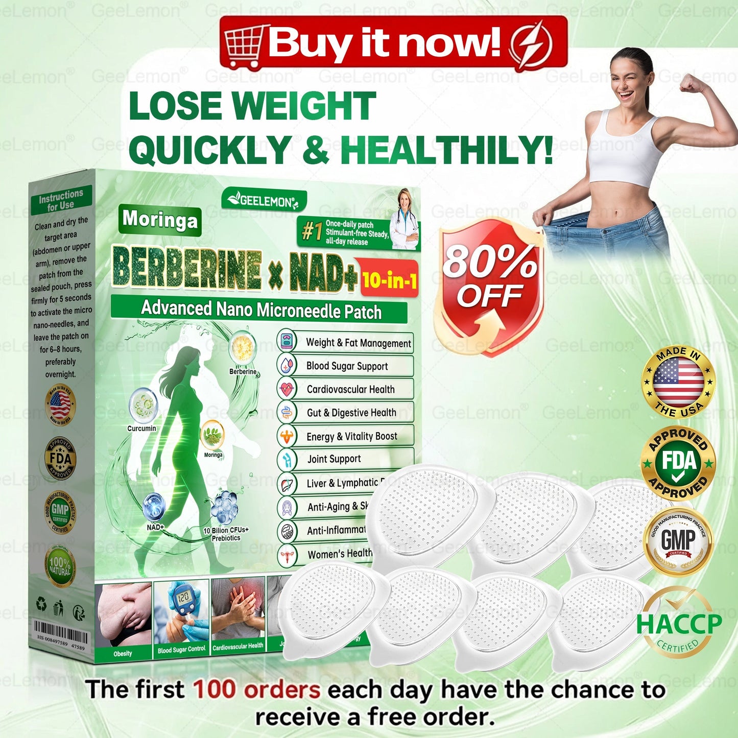 𝐆𝐞𝐞𝐋𝐞𝐦𝐨𝐧® 𝐌𝐨𝐫𝐢𝗻𝗴𝗮 · 𝐁𝐞𝐫𝐛𝗲𝗿𝗶𝗻𝗲 × 𝗡𝗔𝗗+ 𝟏𝟎 𝐢𝐧 𝟏 𝐀𝐝𝐯𝐚𝐧𝐜𝐞𝐝 𝗡𝗮𝗻𝗼 𝗠𝗶𝗰𝗿𝗼𝗻𝐞𝐞𝐝𝐥𝐞 𝐏𝐚𝐭𝗰𝗵 👩‍⚕️(Just once a day, visible changes in 7 days) For obesity, cardiovascular health, diabetes, sleep apnea, thyroid gland, intestinal health, joint problems and more
