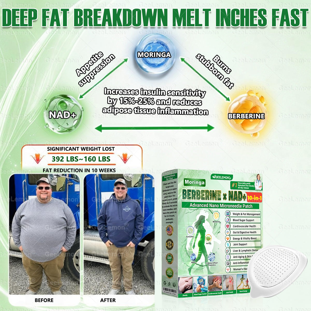 𝐆𝐞𝐞𝐋𝐞𝐦𝐨𝐧® 𝐌𝐨𝐫𝐢𝗻𝗴𝗮 · 𝐁𝐞𝐫𝐛𝗲𝗿𝗶𝗻𝗲 × 𝗡𝗔𝗗+ 𝟏𝟎 𝐢𝐧 𝟏 𝐀𝐝𝐯𝐚𝐧𝐜𝐞𝐝 𝗡𝗮𝗻𝗼 𝗠𝗶𝗰𝗿𝗼𝗻𝐞𝐞𝐝𝐥𝐞 𝐏𝐚𝐭𝗰𝗵 👩‍⚕️(Just once a day, visible changes in 7 days) For obesity, cardiovascular health, diabetes, sleep apnea, thyroid gland, intestinal health, joint problems and more