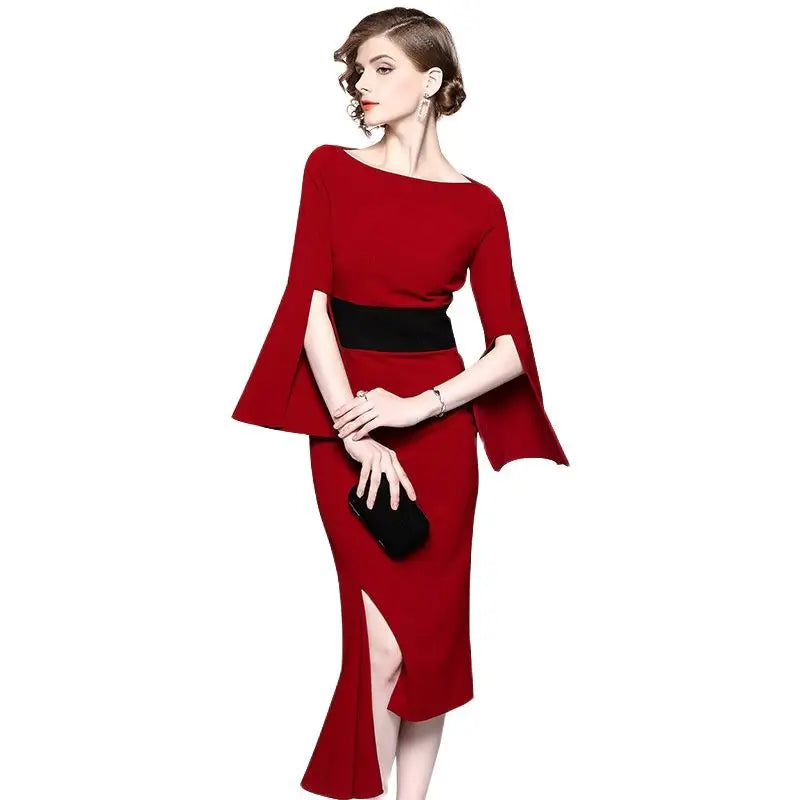 New irregular waist-tightening dresses red medium-length dress for solid slash neck flare sleevebanquet