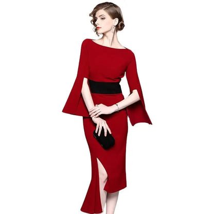 New irregular waist-tightening dresses red medium-length dress for solid slash neck flare sleevebanquet